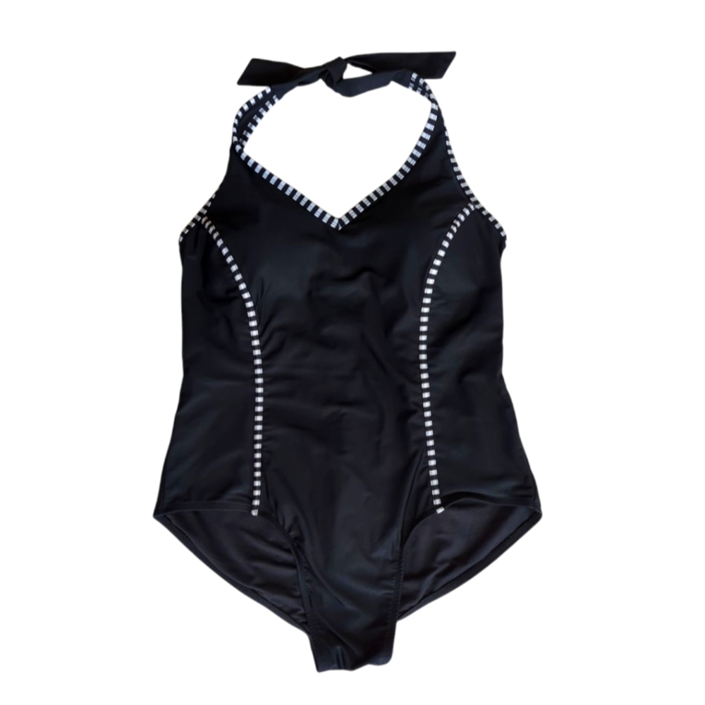 Catalina Nautical Halter One Piece Swimsuit 2X Rich Black White 18W-20W